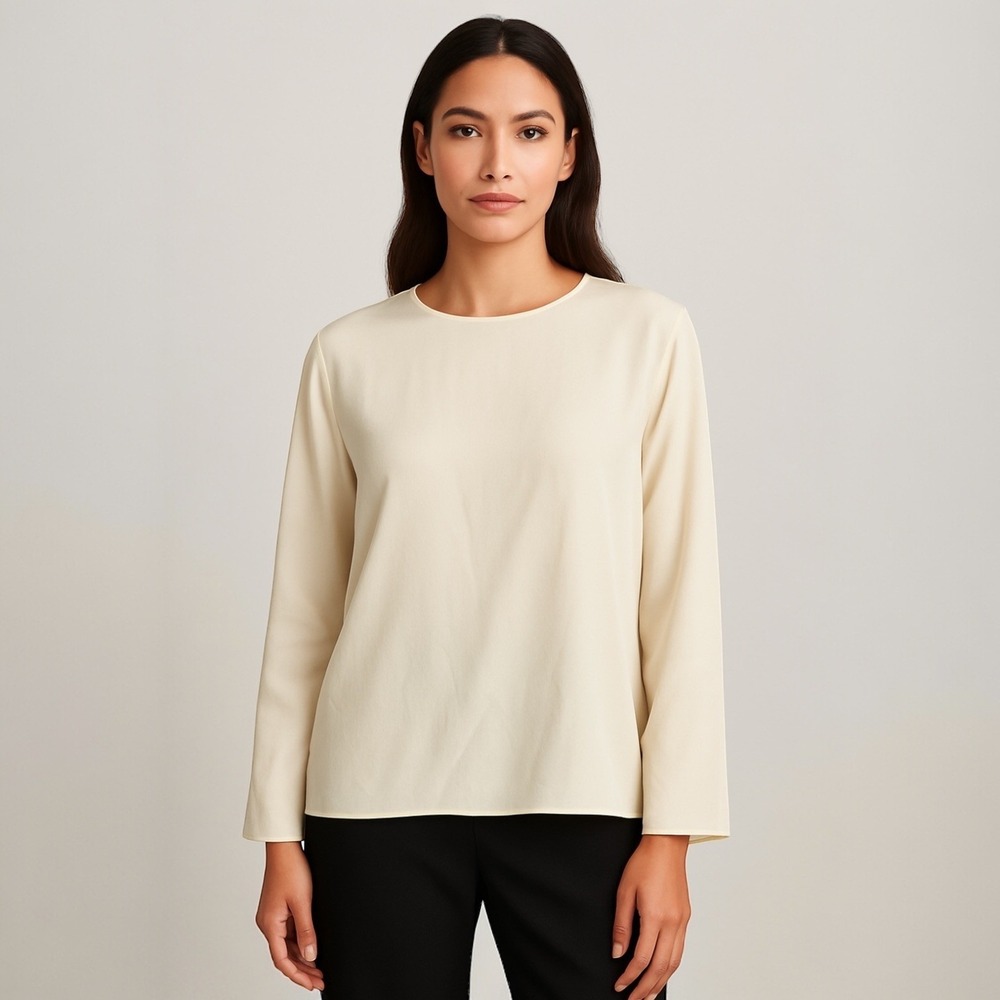 Eileen Fisher XXS Cream Silk Long Sleeve Top Blouse Keyhole Back Minimalist